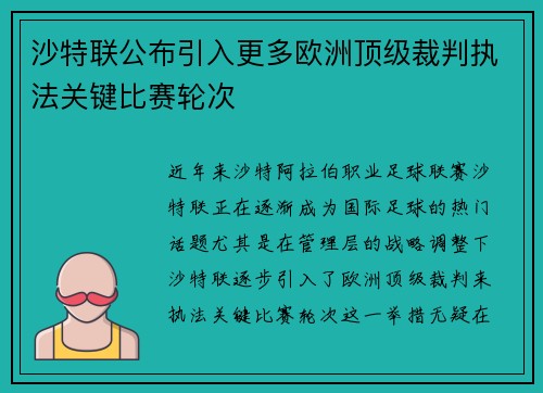 沙特联公布引入更多欧洲顶级裁判执法关键比赛轮次