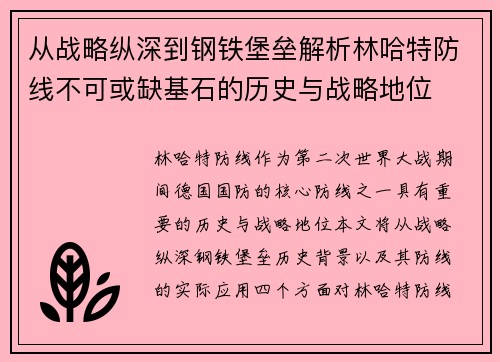 从战略纵深到钢铁堡垒解析林哈特防线不可或缺基石的历史与战略地位 从战略纵深到钢铁堡垒解析林哈特防线不可或缺基石的历史与战略地位